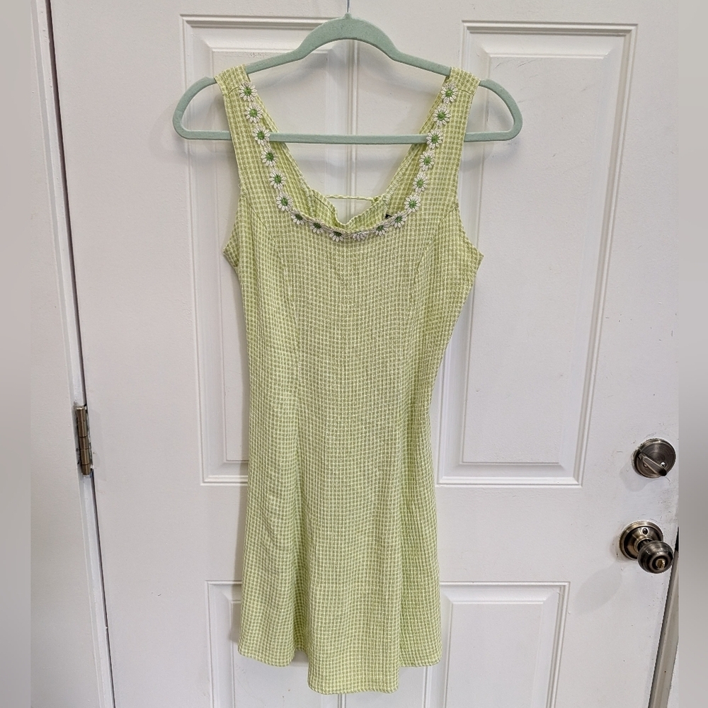 Y2K Light Green Gingham Sleeveless Dress with Floral Trim